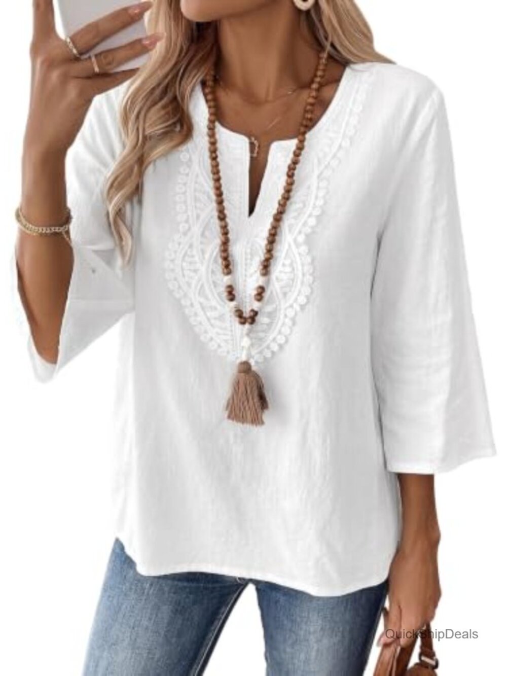 Boho V Neck 3/4 Sleeve Embroidered Lace Blouse Oversized Top